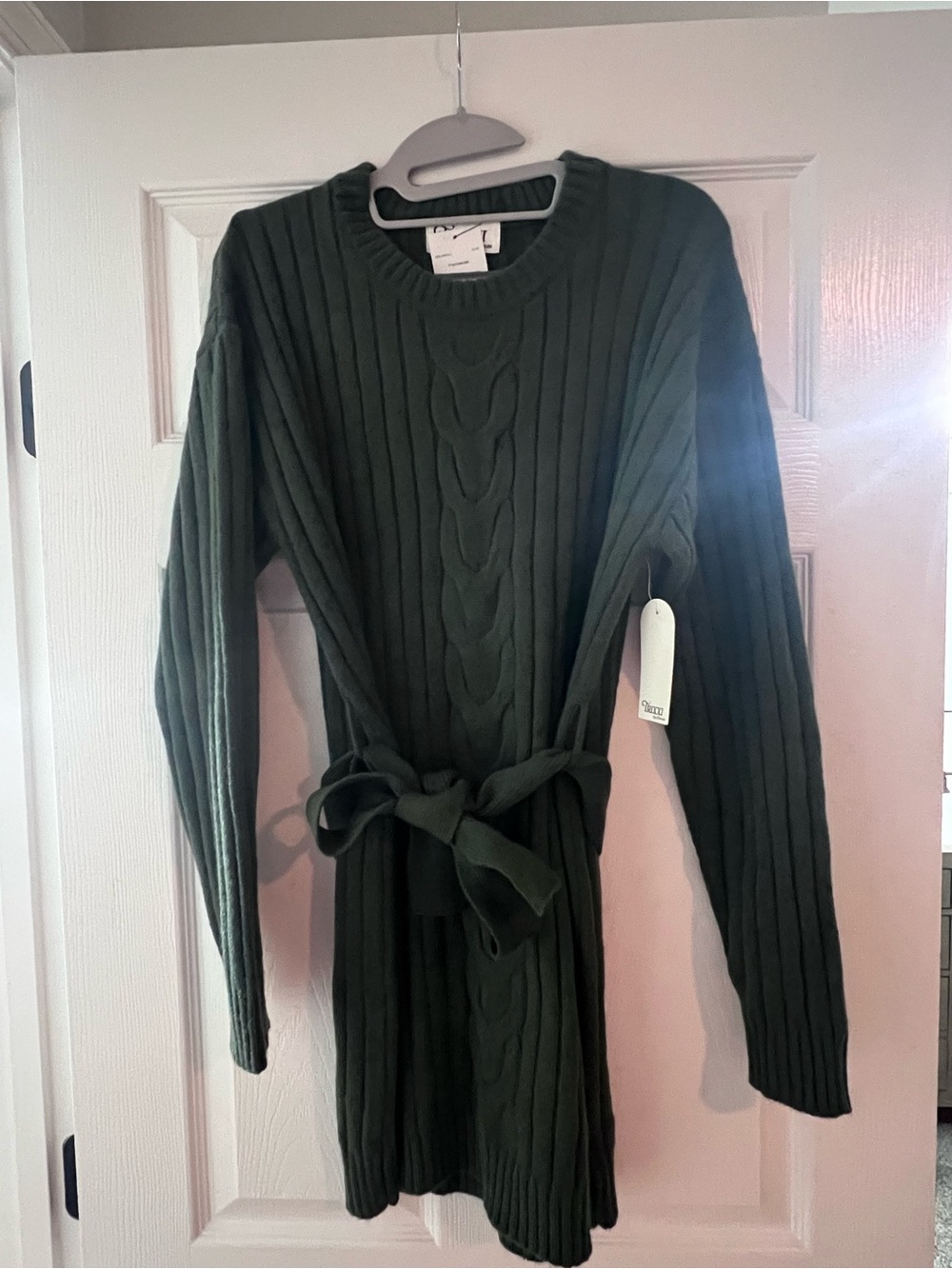 Green Cable Knit Belted Sweater Dress NEW